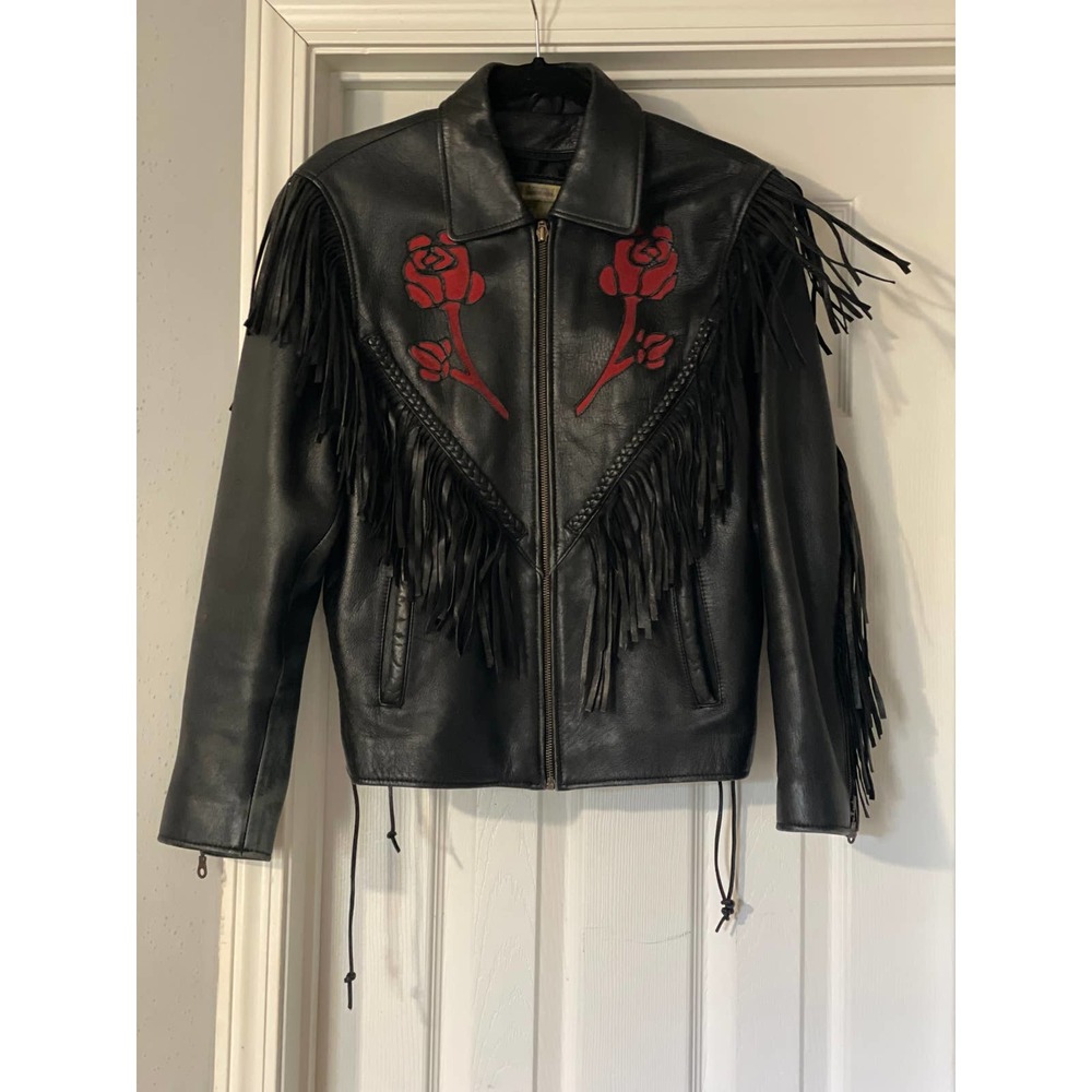 Vintage Black Leather Jacket with Fringe and Red Roses Details Size Small
